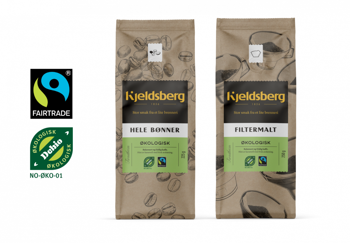 Dobbeltsertifisert kaffe fra Kjeldsberg i filtermalt og hele bønner